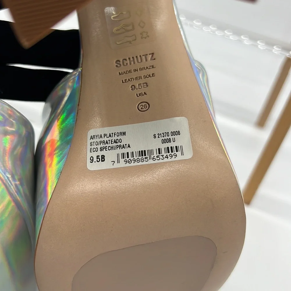 SCHUTZ NWB Aryia Metallic Faux Leather Platform Sandals Spechio Holographic